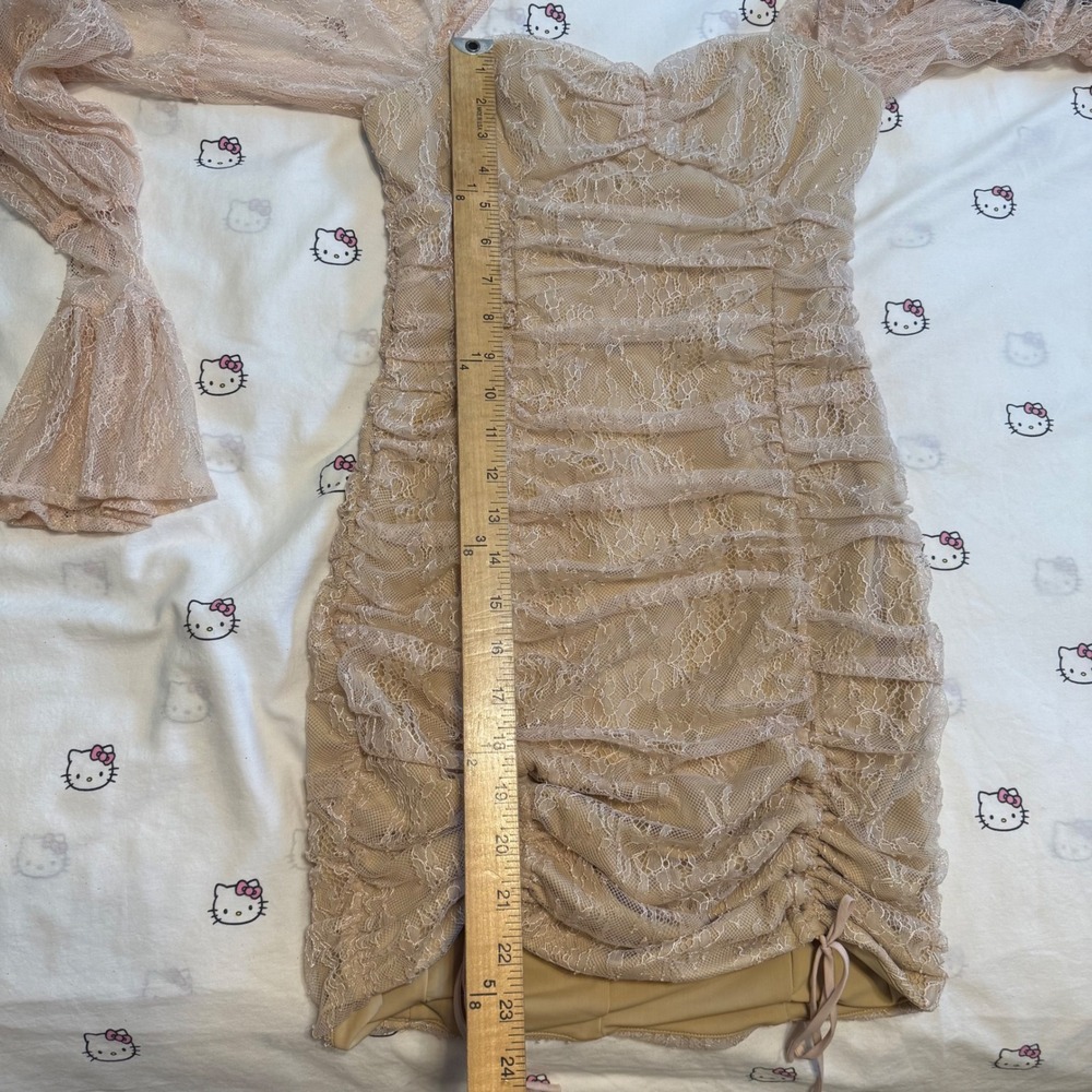 Michael Costello x REVOLVE Dress Women S Nude Excellent Ruched Lace Mini Bodycon - Picture 8 of 9